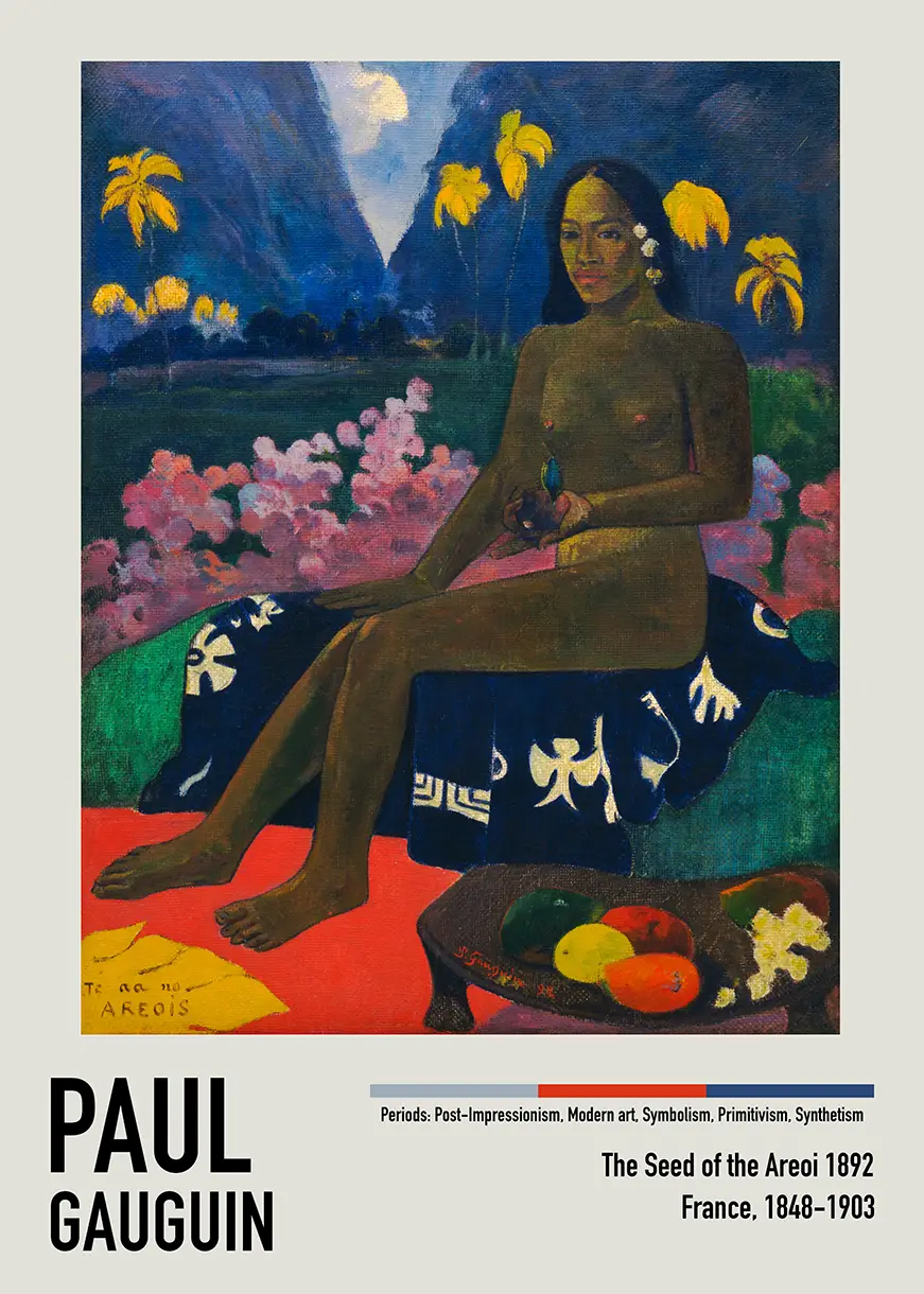 Paul Gauguin Seed Of The Areoi - Authentic 1892 Post-Impressionist Wall Art Paul Gauguin Seed Of The Areoi 1892 Painting Showing A Seated Tahitian Woman With A Fruit Against A Blue Background.