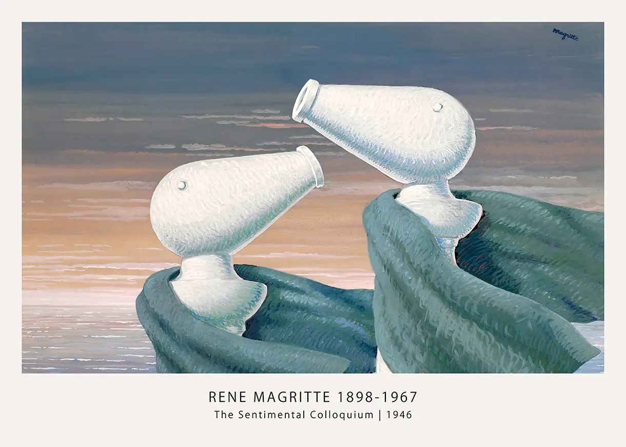 Authentic Rene Magritte Poster - The Sentimental Colloquium 1946 Art Rene Magritte Poster Showing The Sentimental Colloquium 1946 With Cannon-Headed Figures Draped In Blue Fabric.