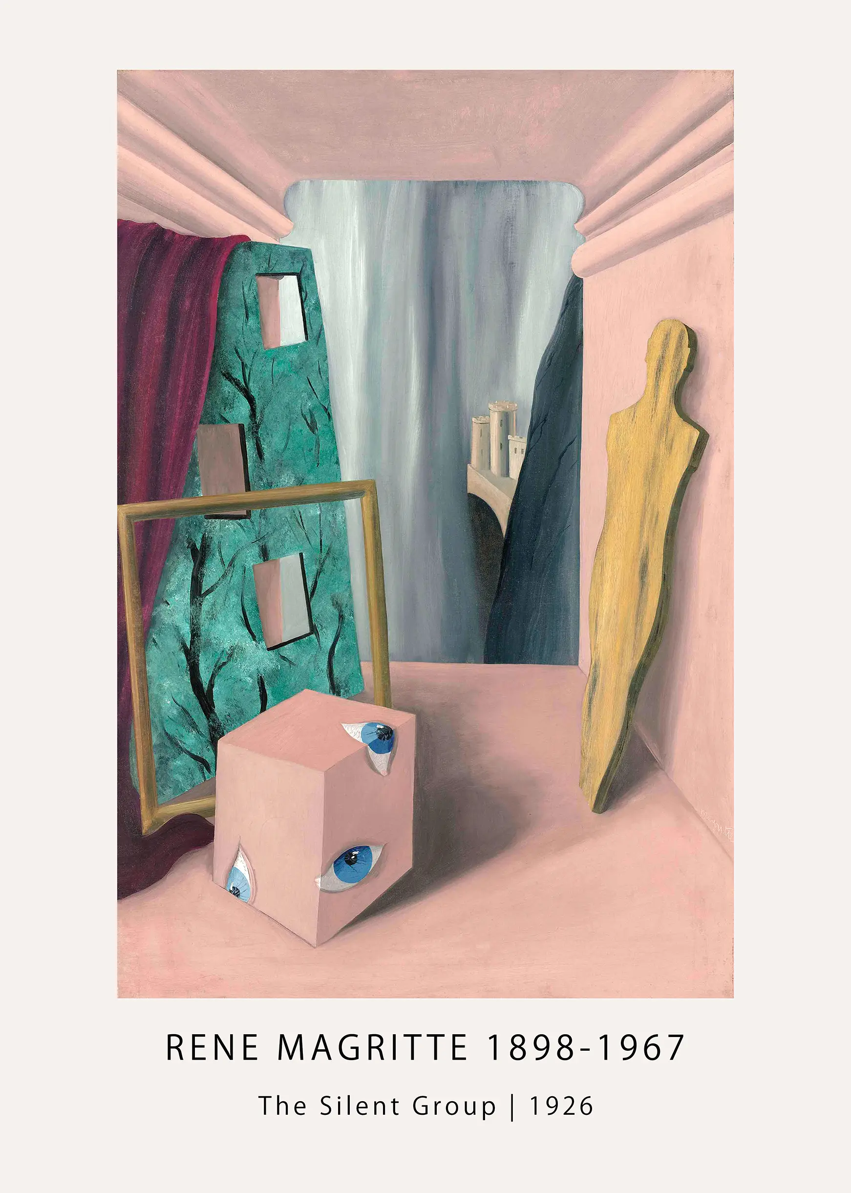 Authentic Rene Magritte Print - The Silent Group 1926 Surrealist Poster Rene Magritte Print Of The Silent Group 1926 Featuring A Pink Cube With Eyes And A Wooden Silhouette In A Surreal Room.