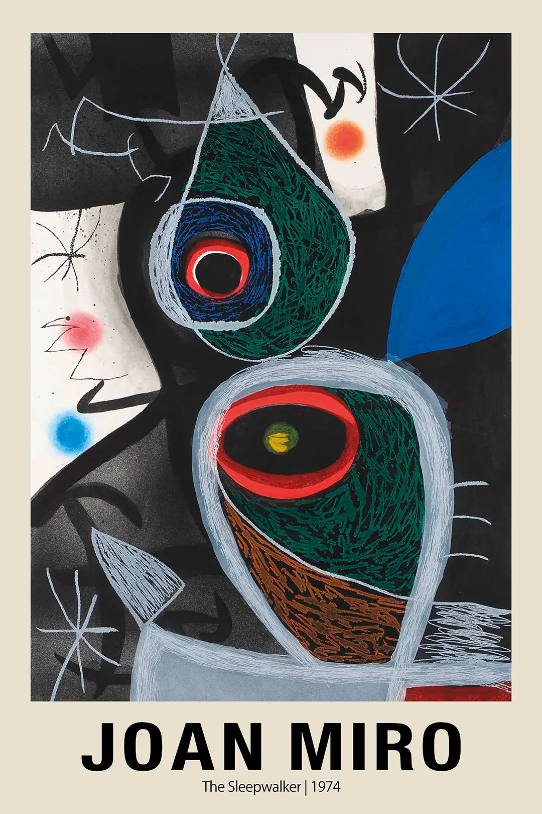 Classic Joan Miro Sleepwalker Print - 1974 Surrealist Exhibition Art Joan Miro Sleepwalker Print Featuring Abstract Surrealist Shapes And Celestial Symbols On A Dark Background.