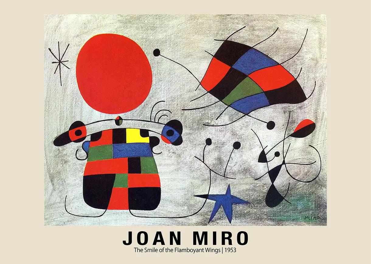 Joan Miró Poster - Authentic 1953 Flamboyant Wings Surrealist Wall Art Joan Miró Poster For The Smile Of The Flamboyant Wings 1953 Featuring A Red Sun, Patchwork Figure, And Blue Star.