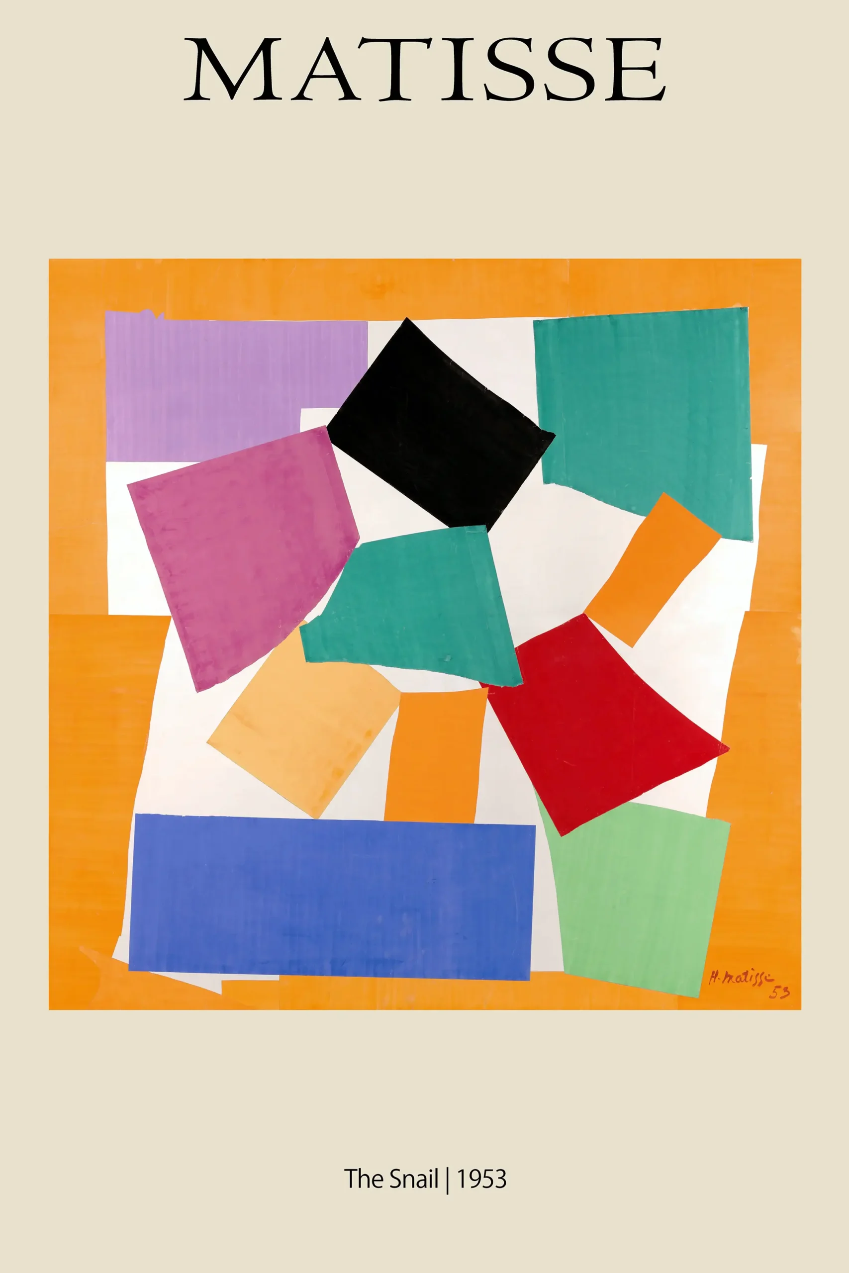 Matisse Snail Print - 1953 French Gouache Découpage Abstract Wall Art Matisse Snail Print Showing A Spiral Of Colorful Gouache Paper Cutouts In Orange, Blue, And Red On A Cream Background.