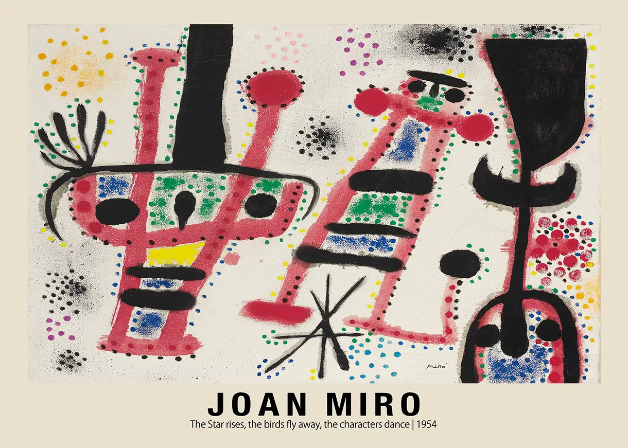 Joan Miro Print featuring abstract 1954 composition with red, blue, and green biomorphic figures and a black star.