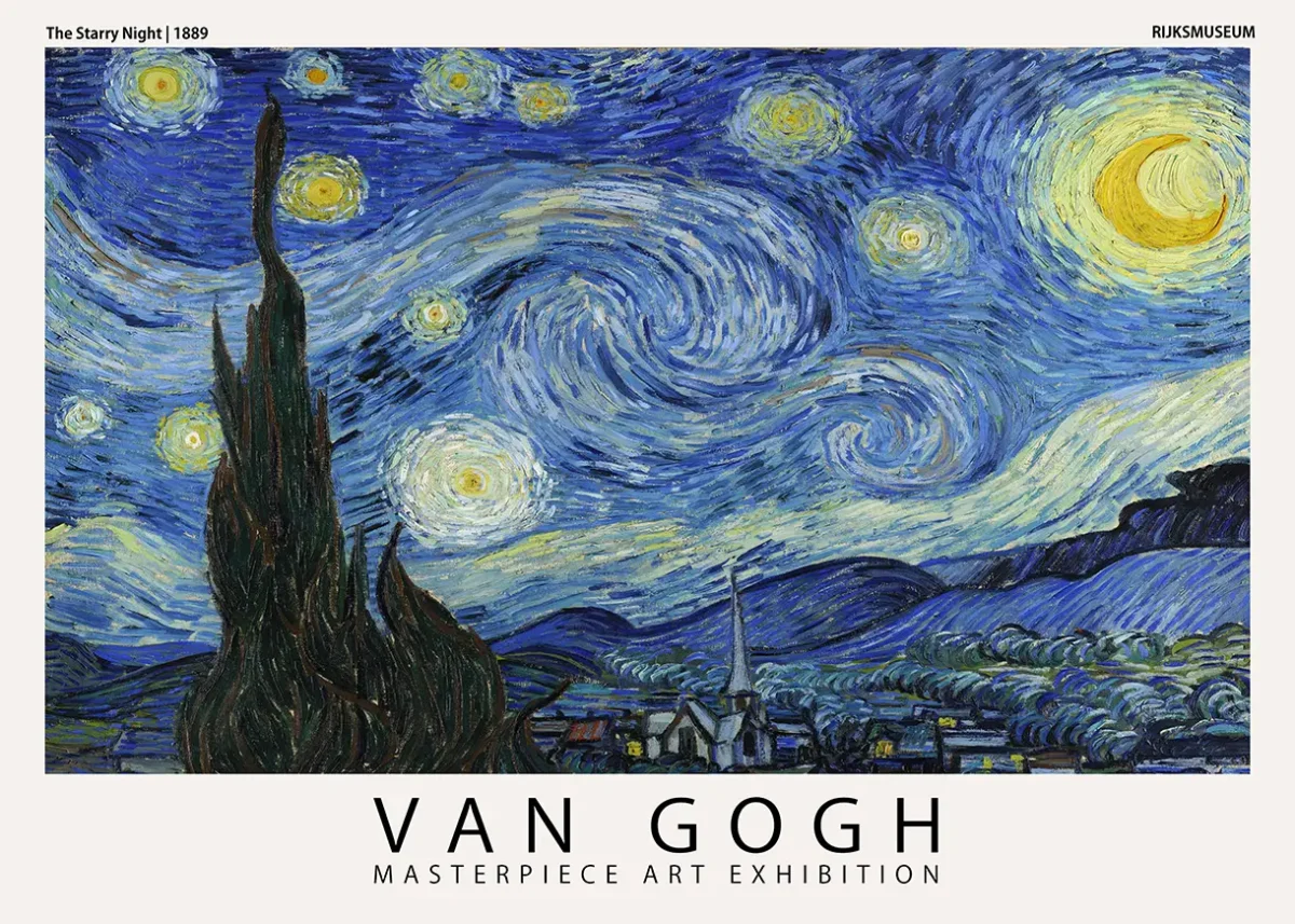 Starry Night poster showing swirling blue clouds, a glowing yellow crescent moon, and a dark cypress tree in Provence.