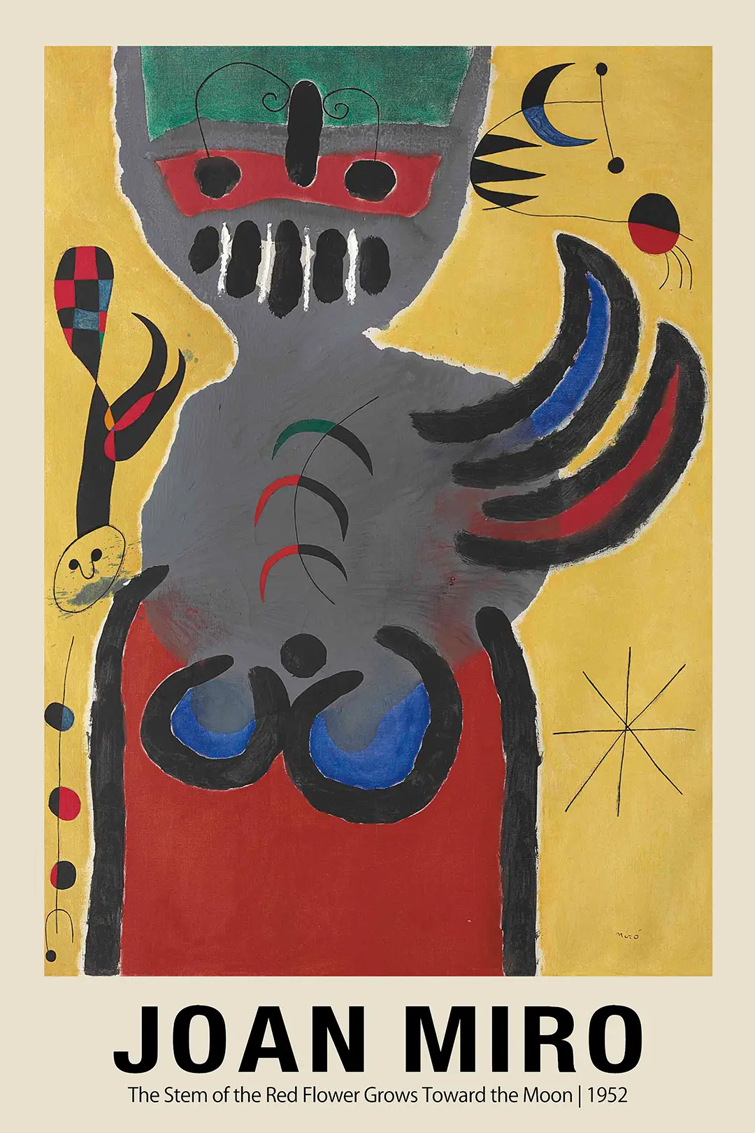Authentic Joan Miro 1952 Print - Red Flower And Moon Abstract Wall Art Joan Miro 1952 Print Showing A Grey Abstract Figure With Red And Blue Accents On A Yellow Background With A Crescent Moon.
