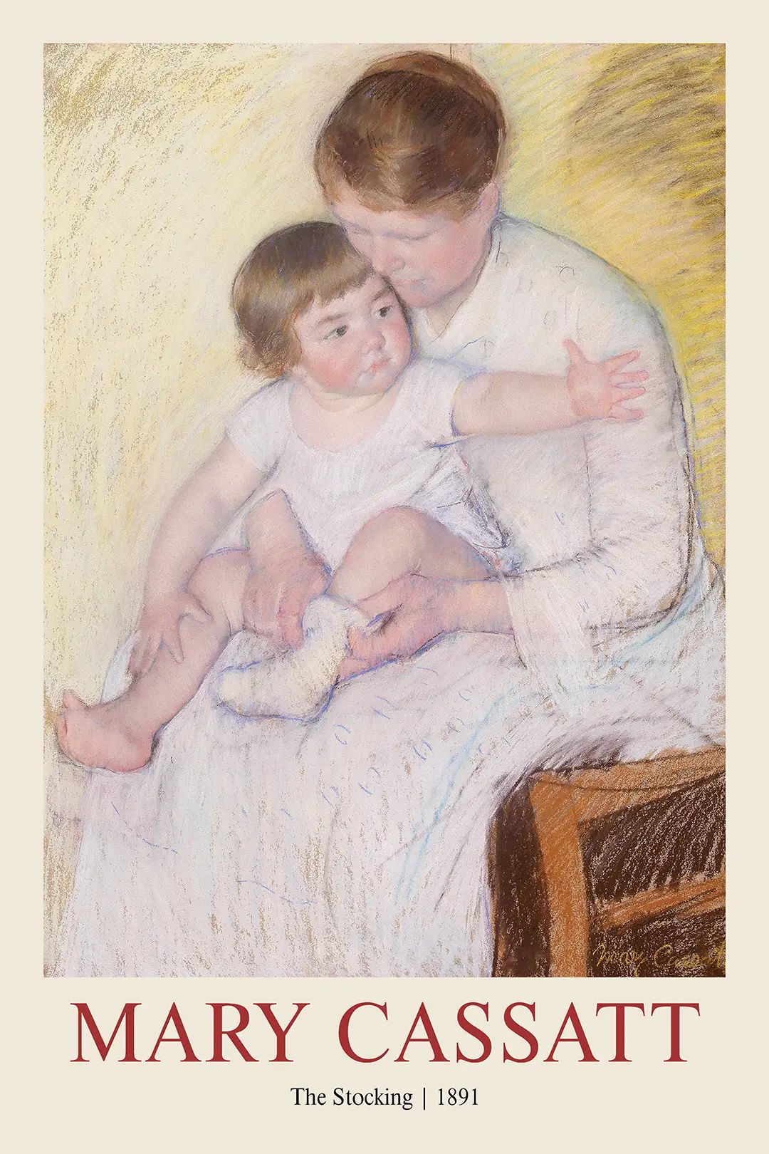 Classic Mary Cassatt Print - The Stocking 1891 Impressionist Wall Art Mary Cassatt Print Of The Stocking 1891 Showing A Mother In A White Dress Dressing A Young Child In Pastel Tones.