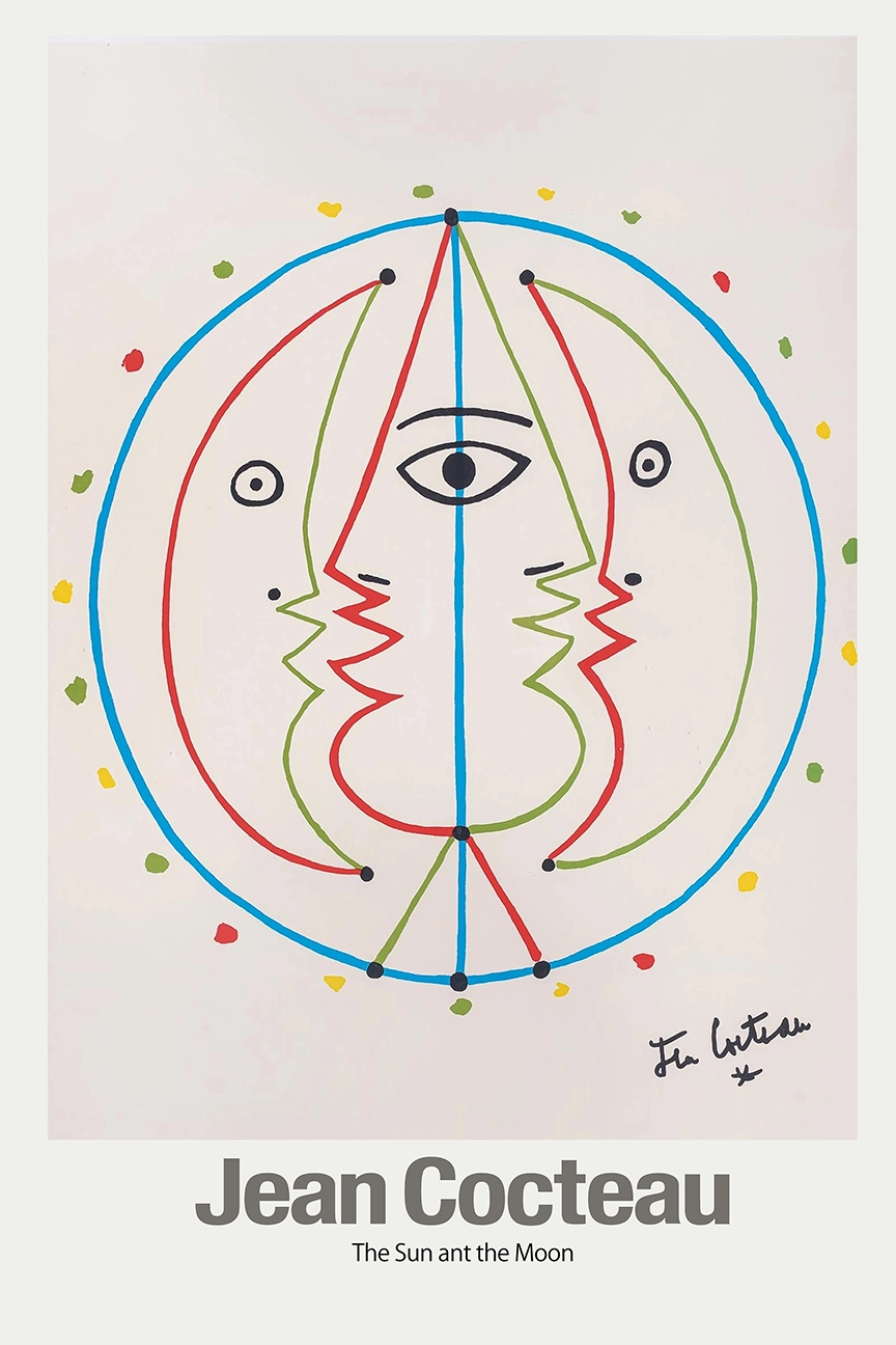 Exclusive Jean Cocteau Poster - The Sun And The Moon Surrealist Wall Art Jean Cocteau Poster Showing The Sun And The Moon Line Art With Red And Green Faces And A Central Blue Eye.