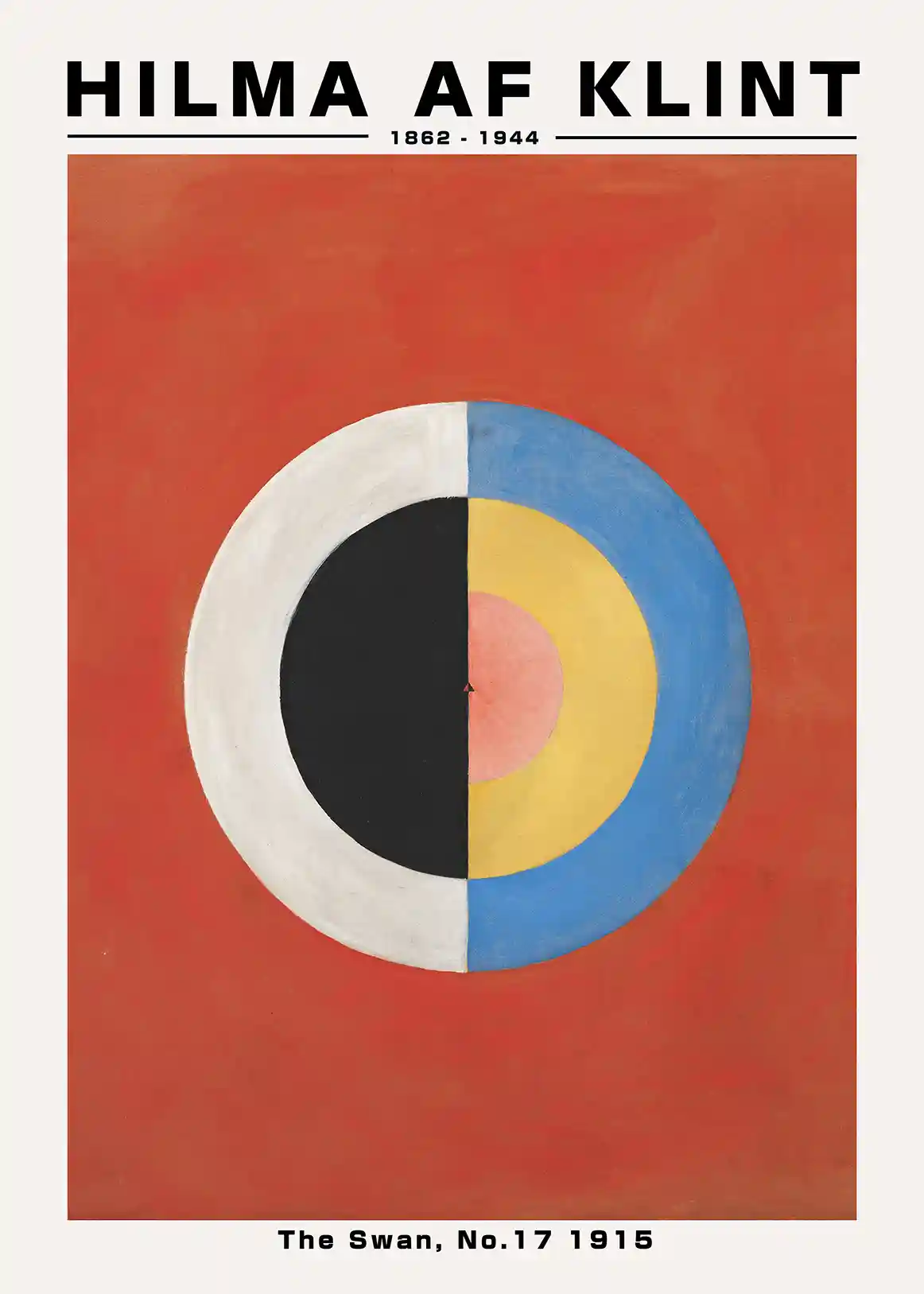 Hilma af Klint print featuring The Swan No. 17 abstract circle in black white blue yellow pink on a red background.