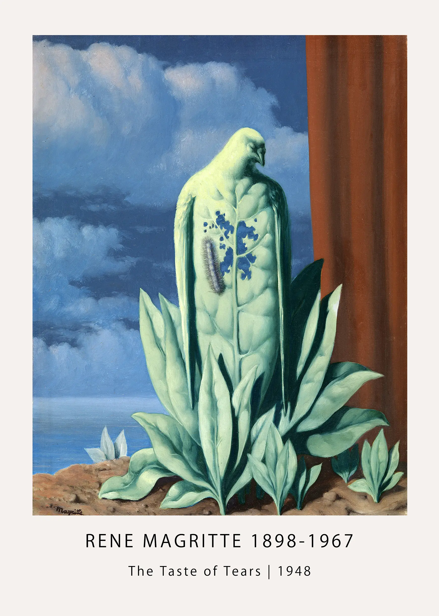 Magritte Surrealist Print - The Taste Of Tears 1948 Fine Art Poster Magritte Surrealist Print Of The Taste Of Tears Showing A Green Bird-Leaf Being Eaten By A Caterpillar In 1948.
