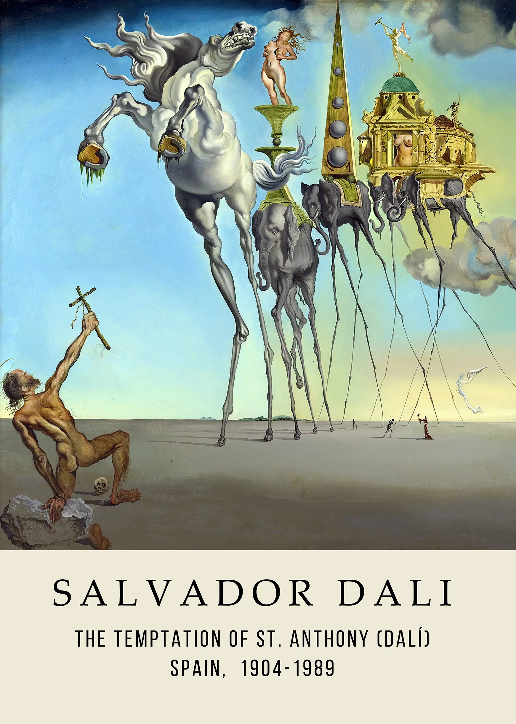 Classic The Temptation Of St Anthony - Salvador Dali Surrealist Art Print The Temptation Of St Anthony By Salvador Dali Featuring A Horse And Elephants With Long Thin Legs In A Desert.