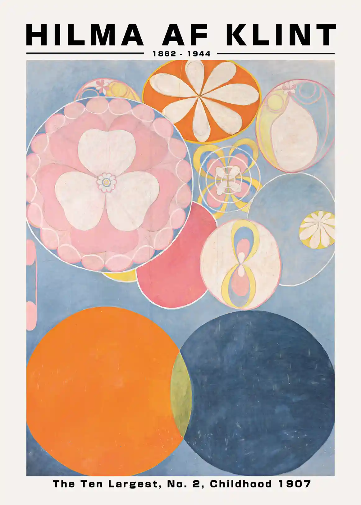 Hilma af Klint poster showing The Ten Largest No 2 Childhood 1907 with pastel circles and floral motifs on blue.