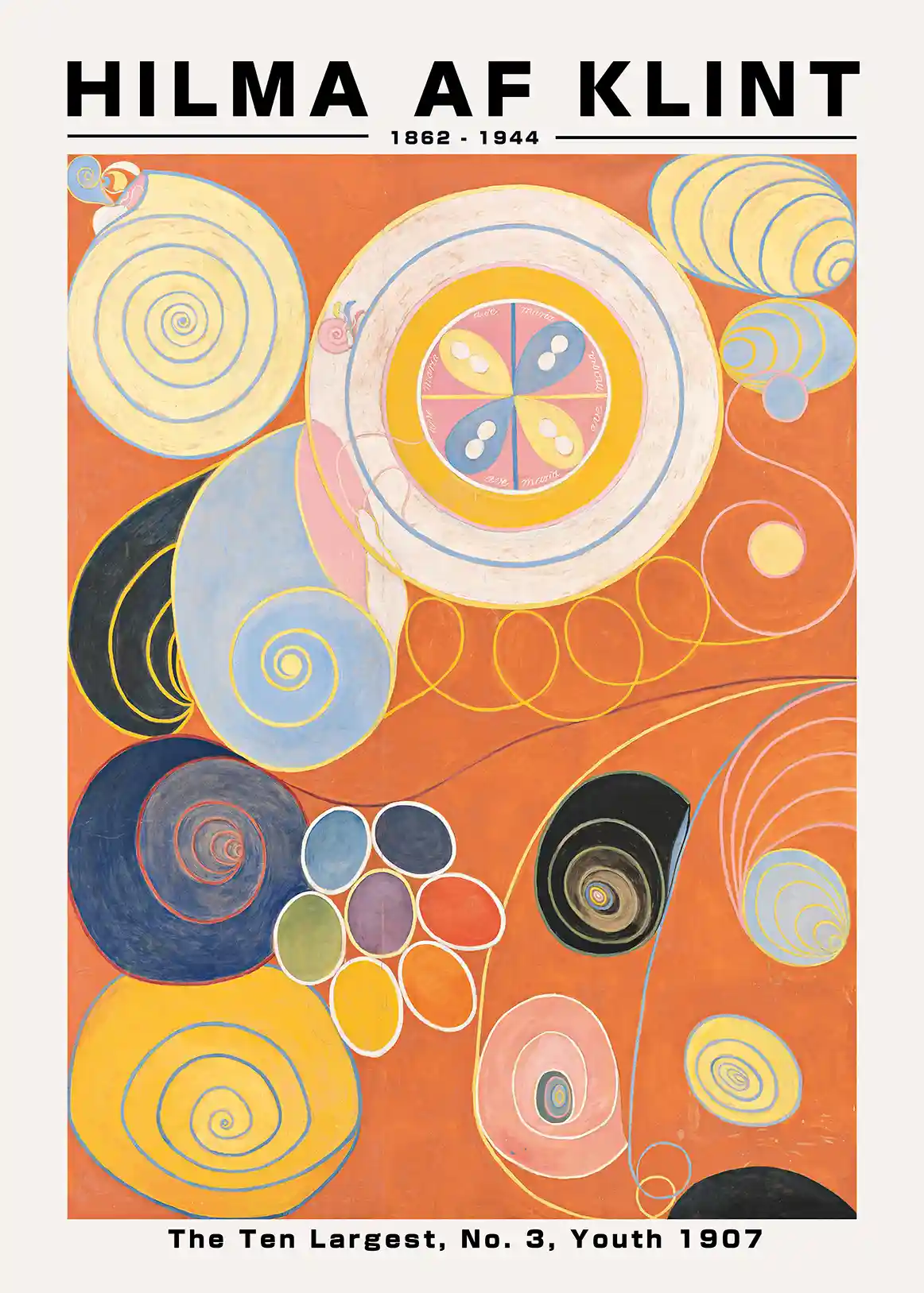 Hilma af Klint print of The Ten Largest No. 3 Youth featuring orange background and blue and yellow spiraling shapes.