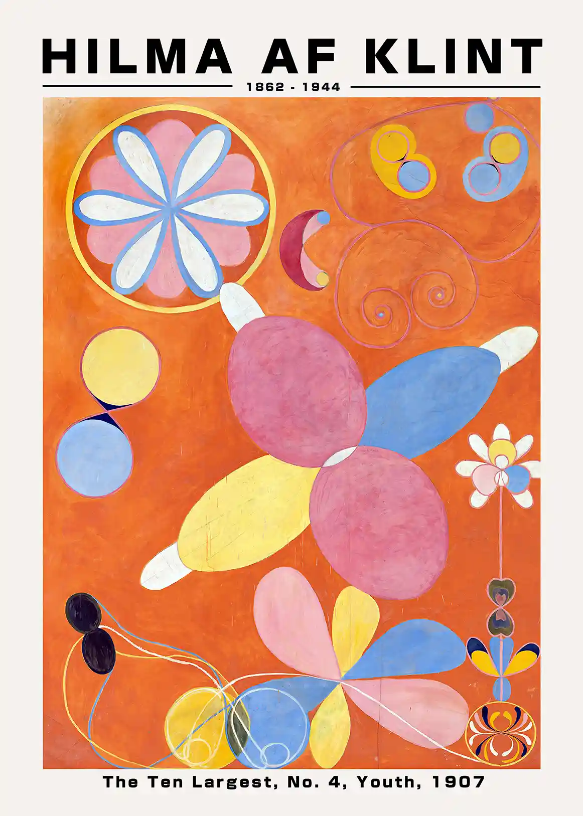 Hilma af Klint print showing orange abstract painting with blue and pink flower shapes and yellow geometric circles.