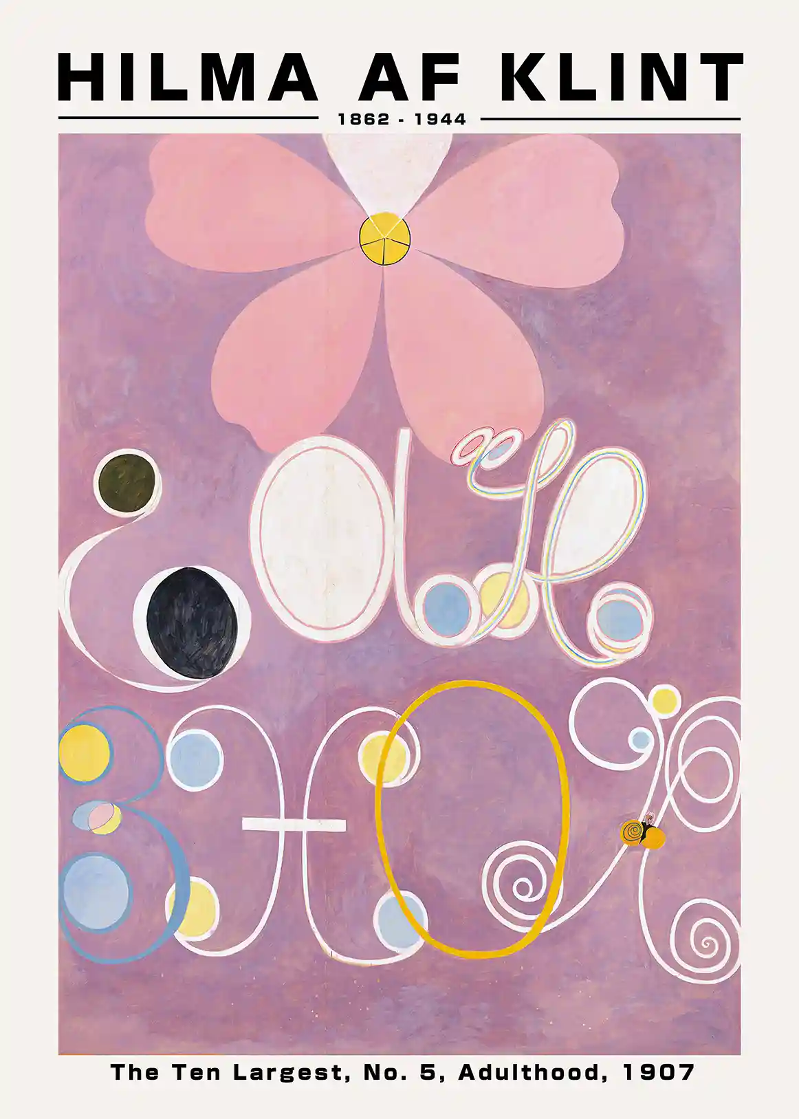 Hilma af Klint print showing The Ten Largest No. 5 Adulthood 1907 with pink floral shapes and cursive loops on lavender.