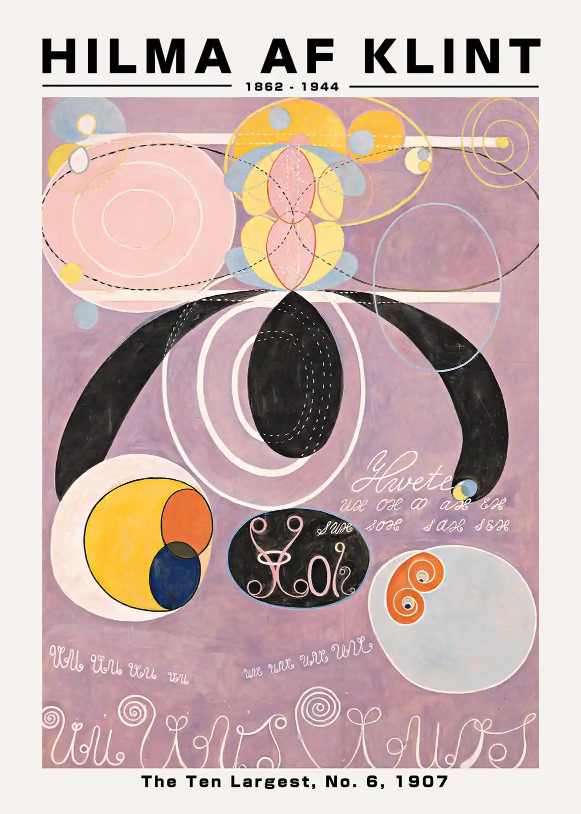 Hilma af Klint print of The Ten Largest No. 6 featuring lavender background, yellow and black circles, and mystic script.