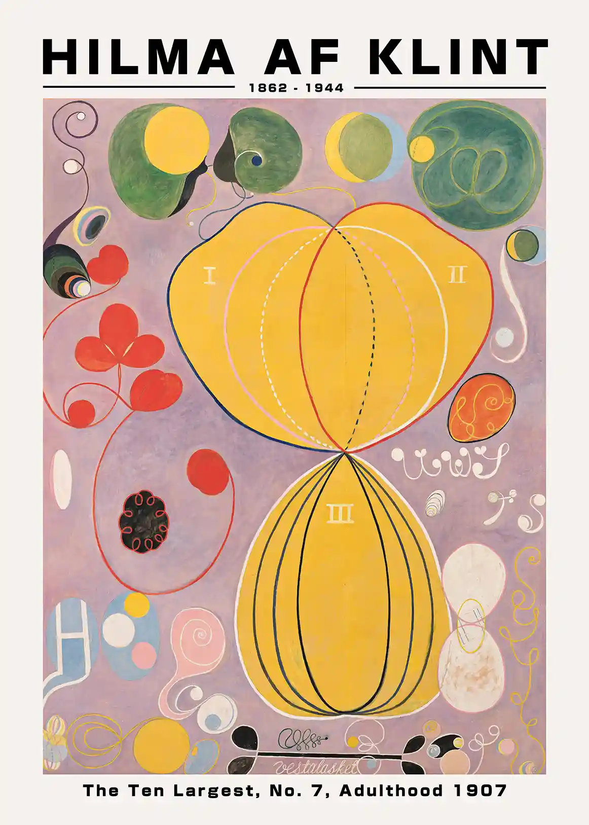 Hilma af Klint Adulthood abstract poster with yellow organic shapes and white script on a lavender background.