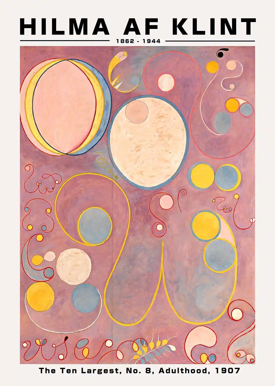 Hilma af Klint poster showcasing Adulthood No. 8 with swirling yellow lines and pastel circles on a mauve background.