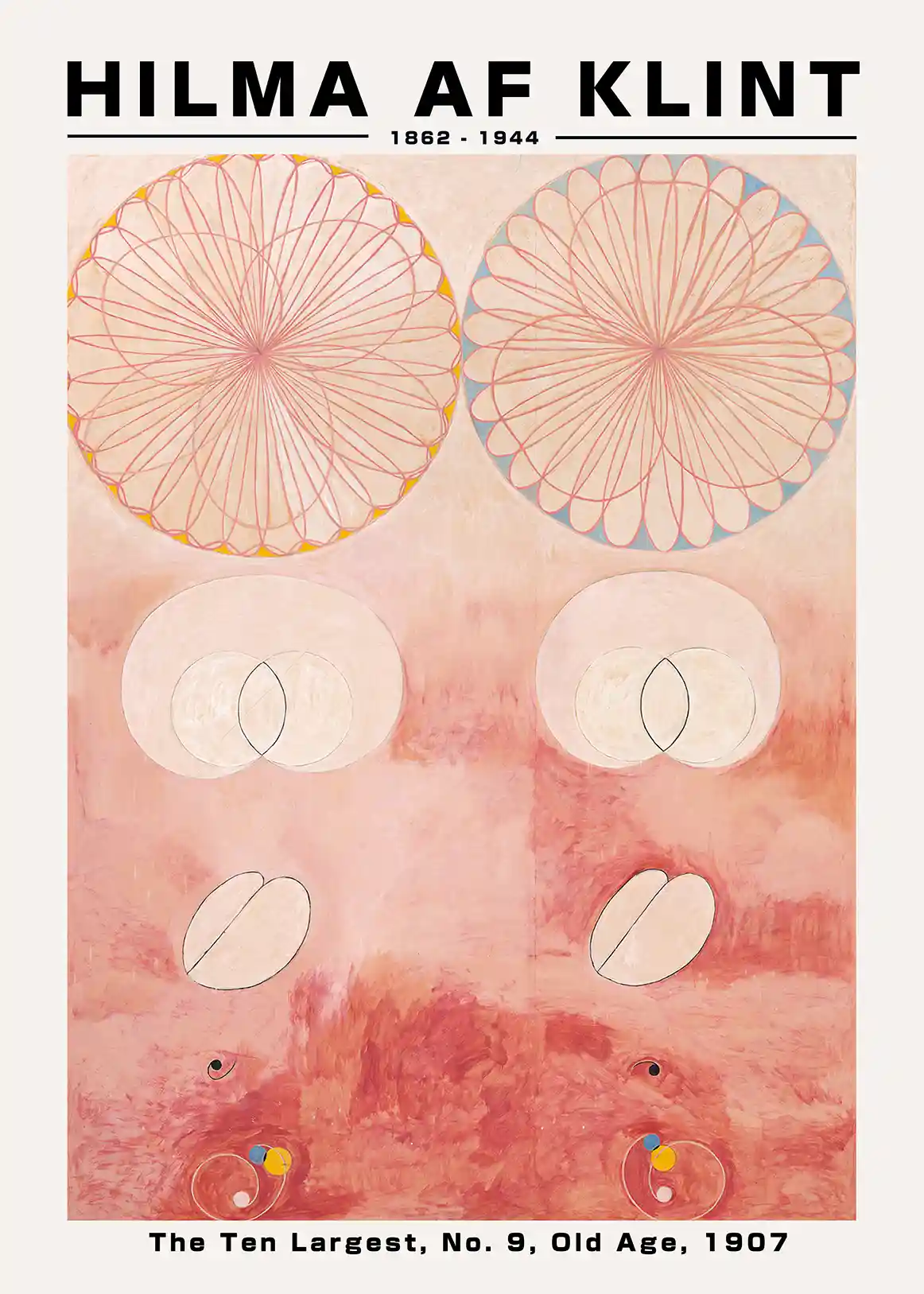 Hilma af Klint print of The Ten Largest No 9 Old Age 1907 featuring large pink rosettes and overlapping white circles.