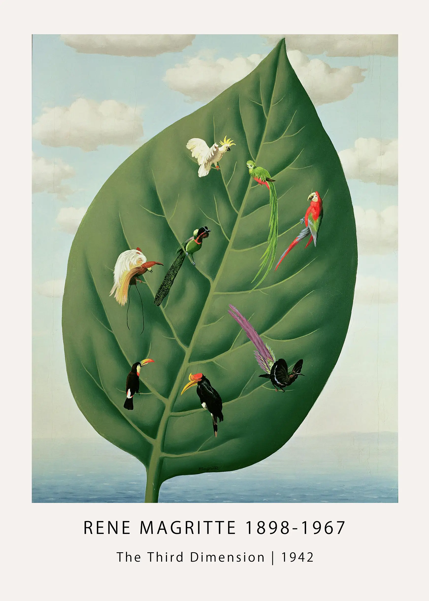 Authentic Rene Magritte Print - The Third Dimension 1942 Surrealist Art Rene Magritte Print Of The Third Dimension 1942, Featuring Exotic Birds On A Giant Green Leaf Above A Calm Blue Sea.