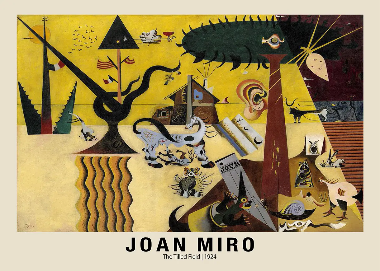 Joan Miro Tilled Field - Classic 1924 Surrealist Art Museum Poster Joan Miro Tilled Field 1924 Surrealist Painting With Horse, Snail, And Tree With An Ear On Yellow Background.