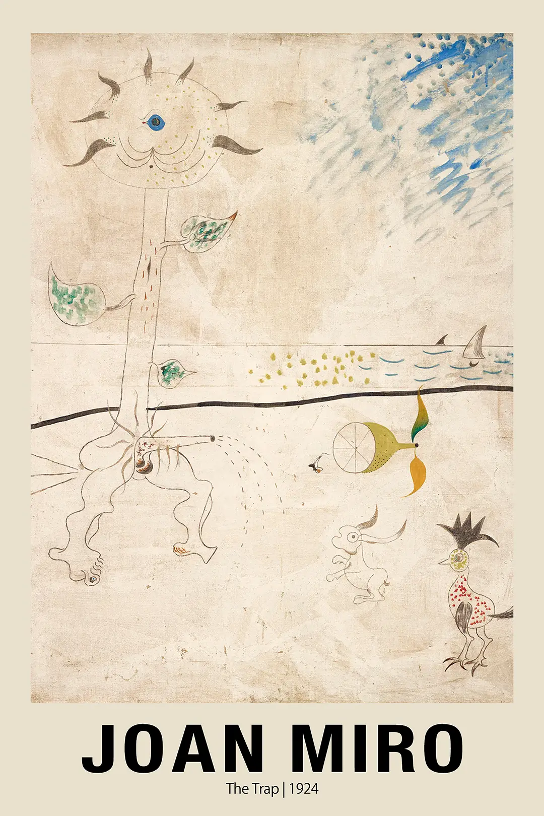 Classic Joan Miro The Trap - 1924 Surrealist Exhibition Art Print Joan Miro The Trap 1924 Painting Featuring A Spindly Tree Figure, Animal Shapes, And A Blue Cloud On A Beige Background.