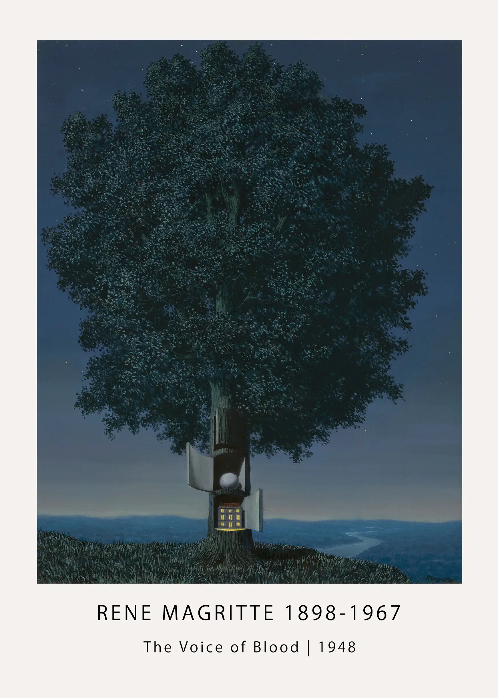 Authentic Voice Of Blood Print - Rene Magritte 1948 Surrealist Art Voice Of Blood Print By Rene Magritte Showing A Dark Tree With An Open Trunk Containing A Glowing House And A Sphere.