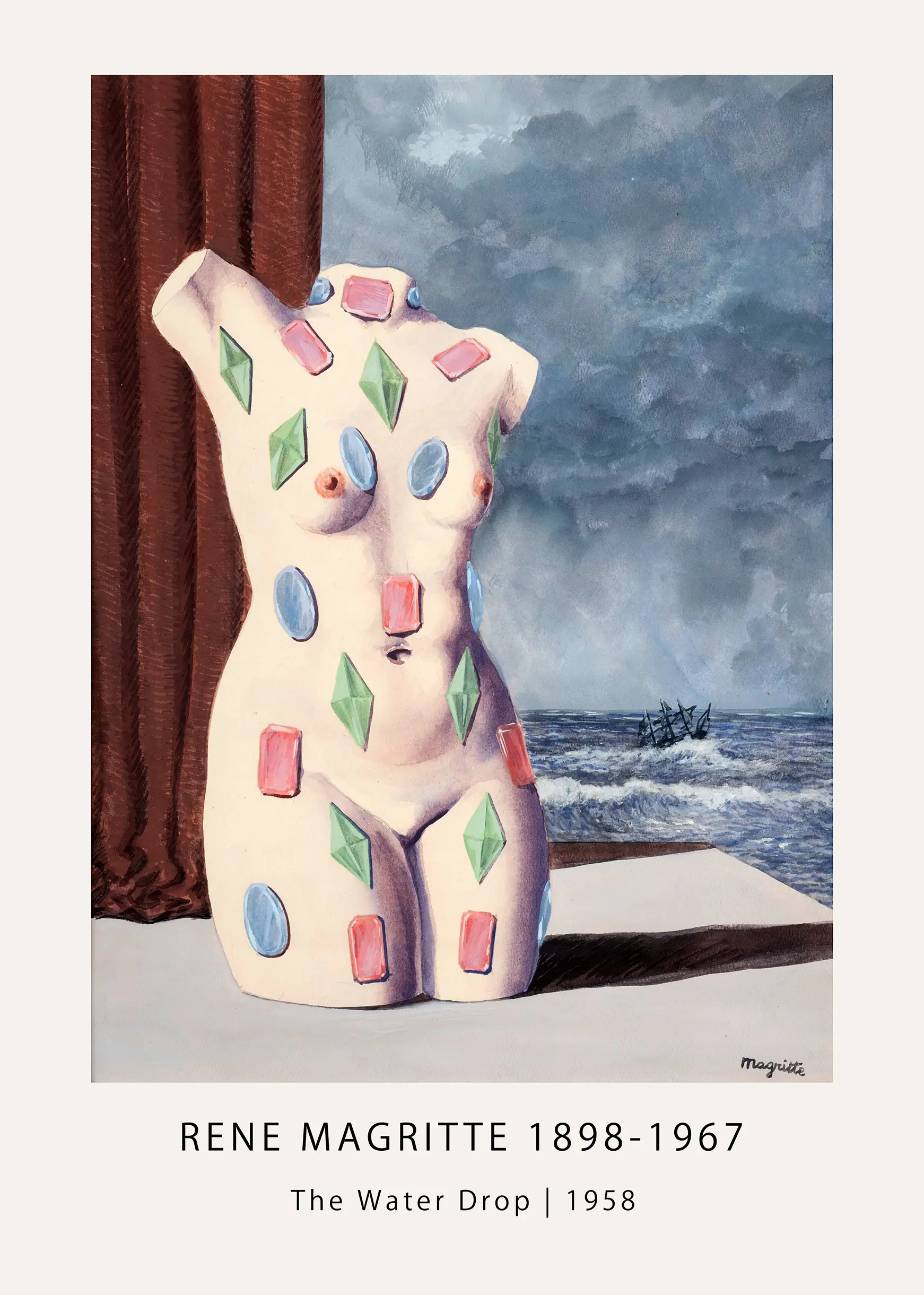 Authentic Magritte Water Drop - 1958 Surrealist Torso Art Print Magritte Water Drop Print Showing A White Female Torso With Colorful Gems Against A Stormy Ocean And A Red Curtain.