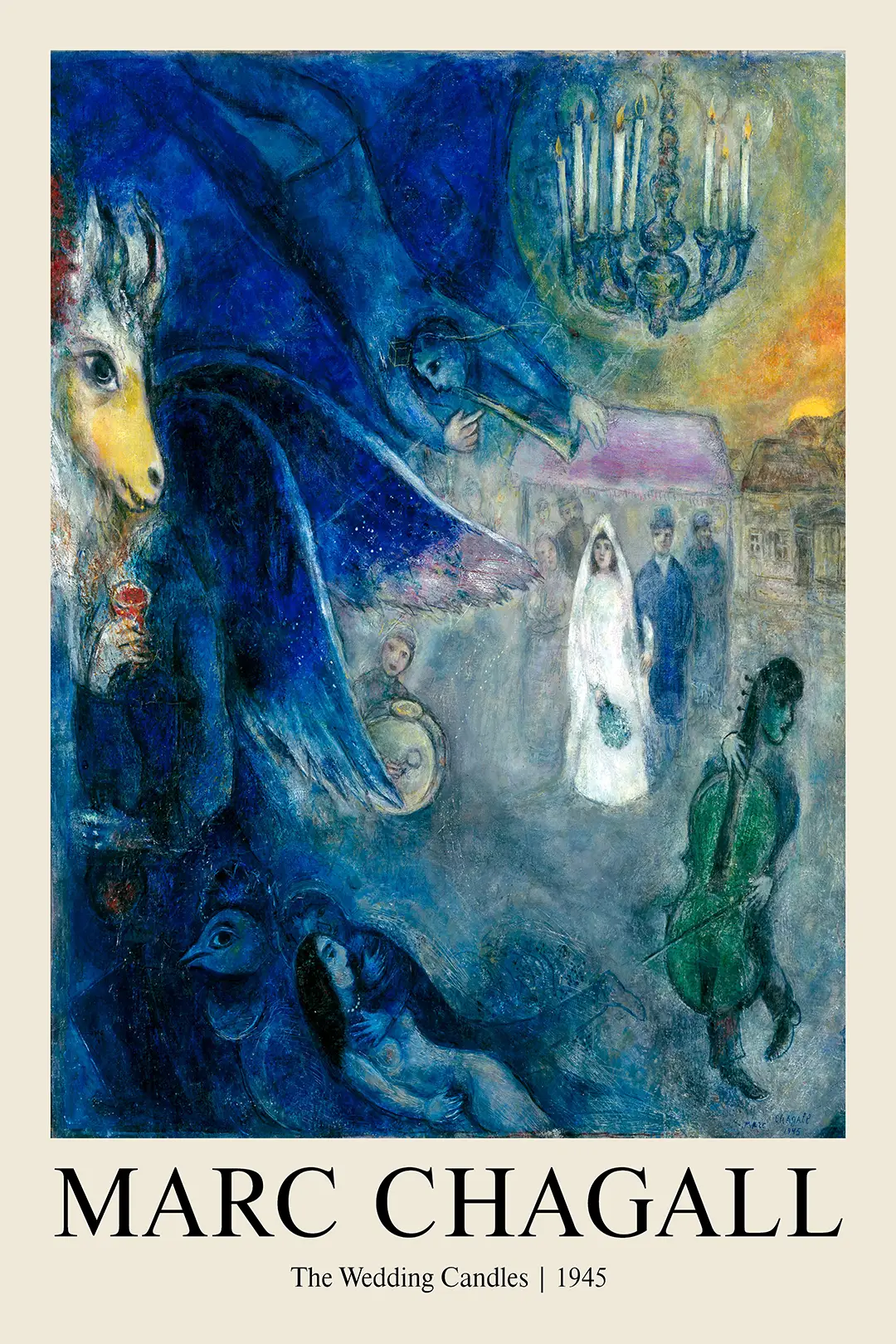 Marc Chagall Wedding Candles 1945 painting featuring a bride, cello player, and winged figure in deep blue.