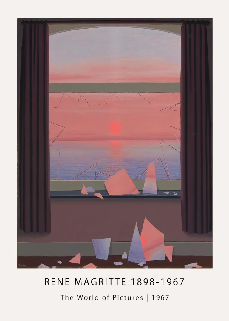 World Pictures — world of Pictures poster with a broken window, red sunset, violet