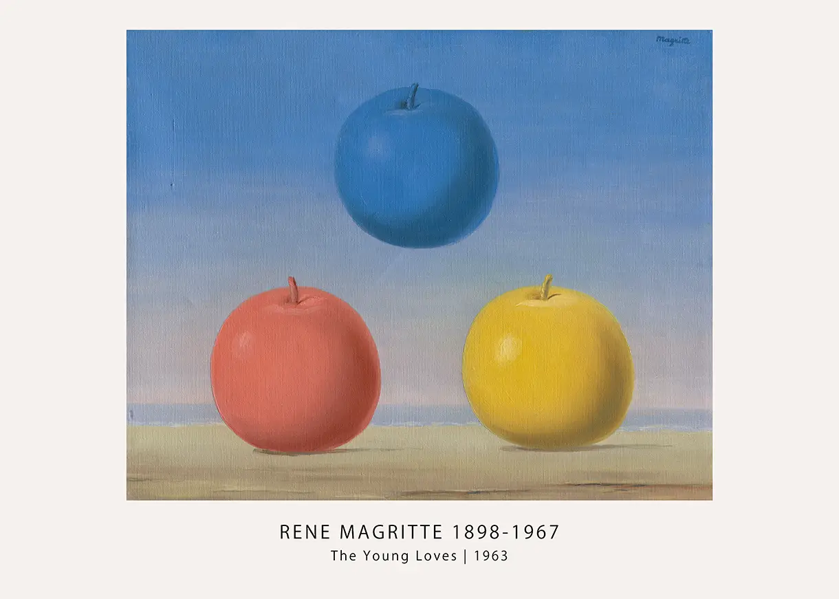 Classic Rene Magritte Print - The Young Loves 1963 Surrealist Wall Art Rene Magritte Print Of The Young Loves 1963 Featuring Red, Blue, And Yellow Apples On A Beach With A Floating Blue Apple.
