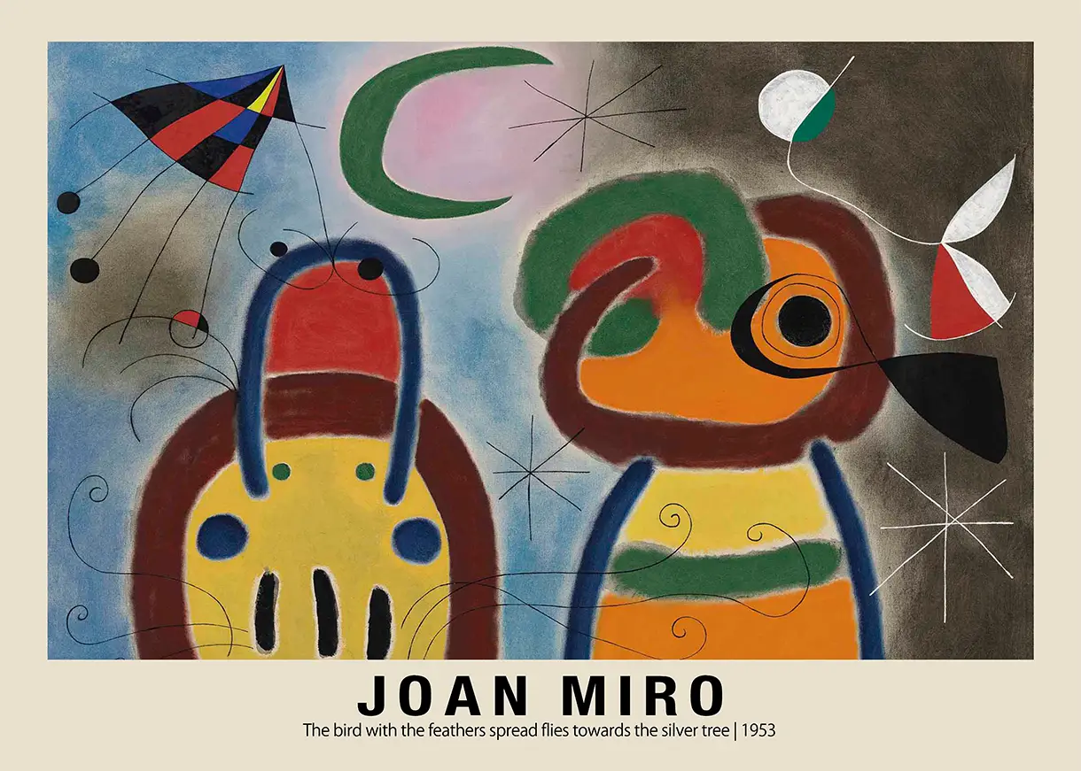 Joan Miró poster showing 1953 abstract bird and crescent moon painting with red yellow and green organic shapes.