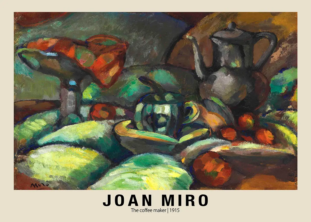 Classic Joan Miró Coffee Maker - 1915 Fauvist Expressionist Fine Art Print Joan Miró Coffee Maker Painting From 1915 Featuring A Metallic Pot And Fruit With Thick Fauvist Brushstrokes.