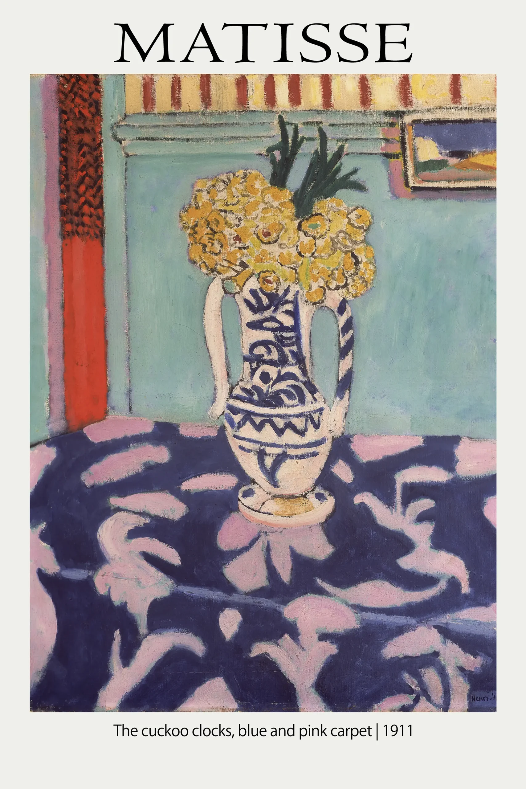 Exclusive Matisse 1911 Poster - The Cuckoo Clocks Blue And Pink Carpet Matisse 1911 Poster Showing A Blue And White Ceramic Vase With Yellow Flowers On A Pink And Navy Blue Patterned Carpet.