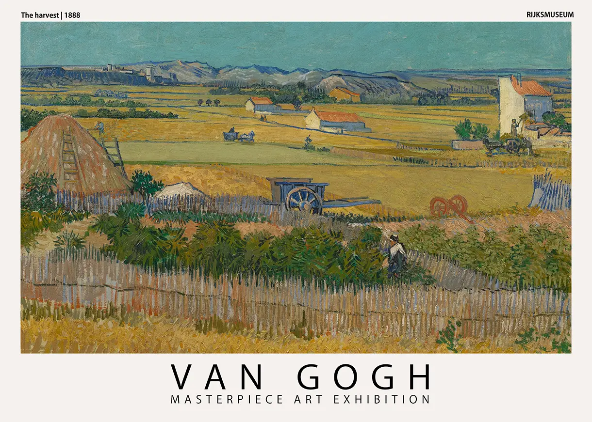 Van Gogh Harvest Print - 1888 Arles Wheat Field Exhibition Poster Van Gogh Harvest Print Showing The 1888 Yellow Wheat Fields Of Arles With A Blue Cart And Distant Blue Mountains.