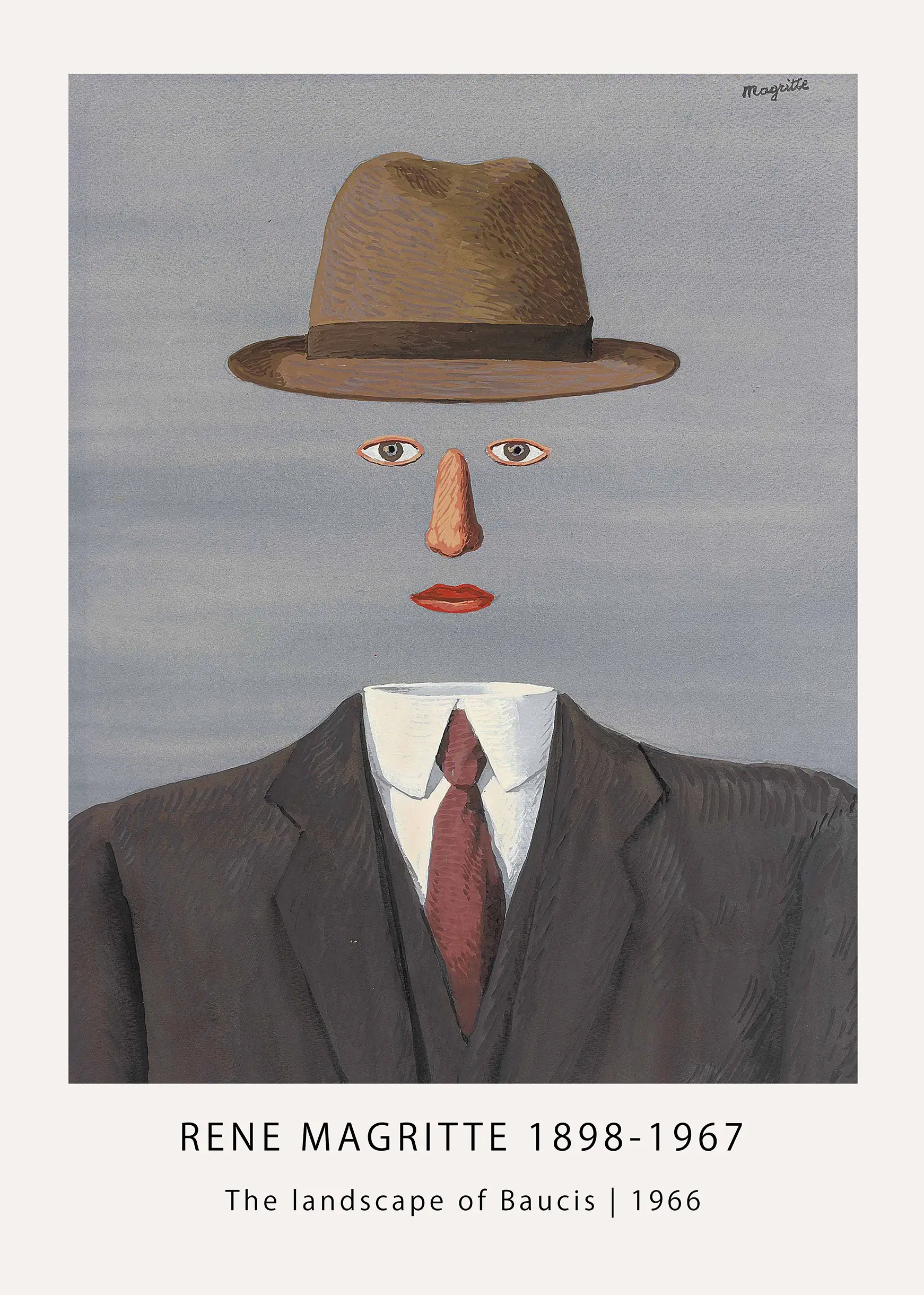 Classic Rene Magritte Print - The Landscape Of Baucis 1966 Surrealist Art Rene Magritte Print Of The Landscape Of Baucis 1966 Showing Floating Eyes, Nose, And Lips Between A Brown Hat And Dark Suit.