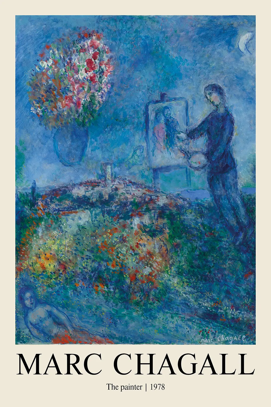 Classic Marc Chagall Poster - The Painter 1978 Vintage Modernist Art Print Marc Chagall Poster Showing A Floating Painter At An Easel With A Large Bouquet And Crescent Moon In Ethereal Blue Tones.