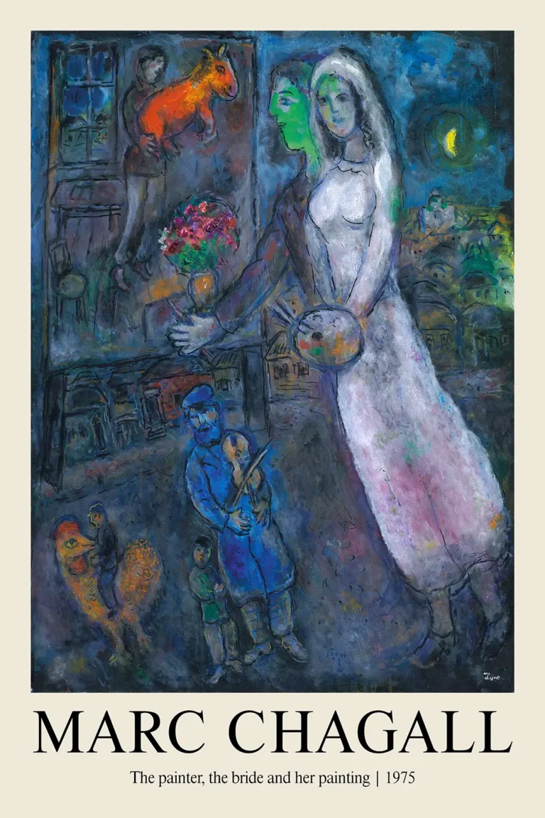 Marc Chagall Painter Bride — surreal dreamscape by Marc Chagall featuring a glowing white bride, a