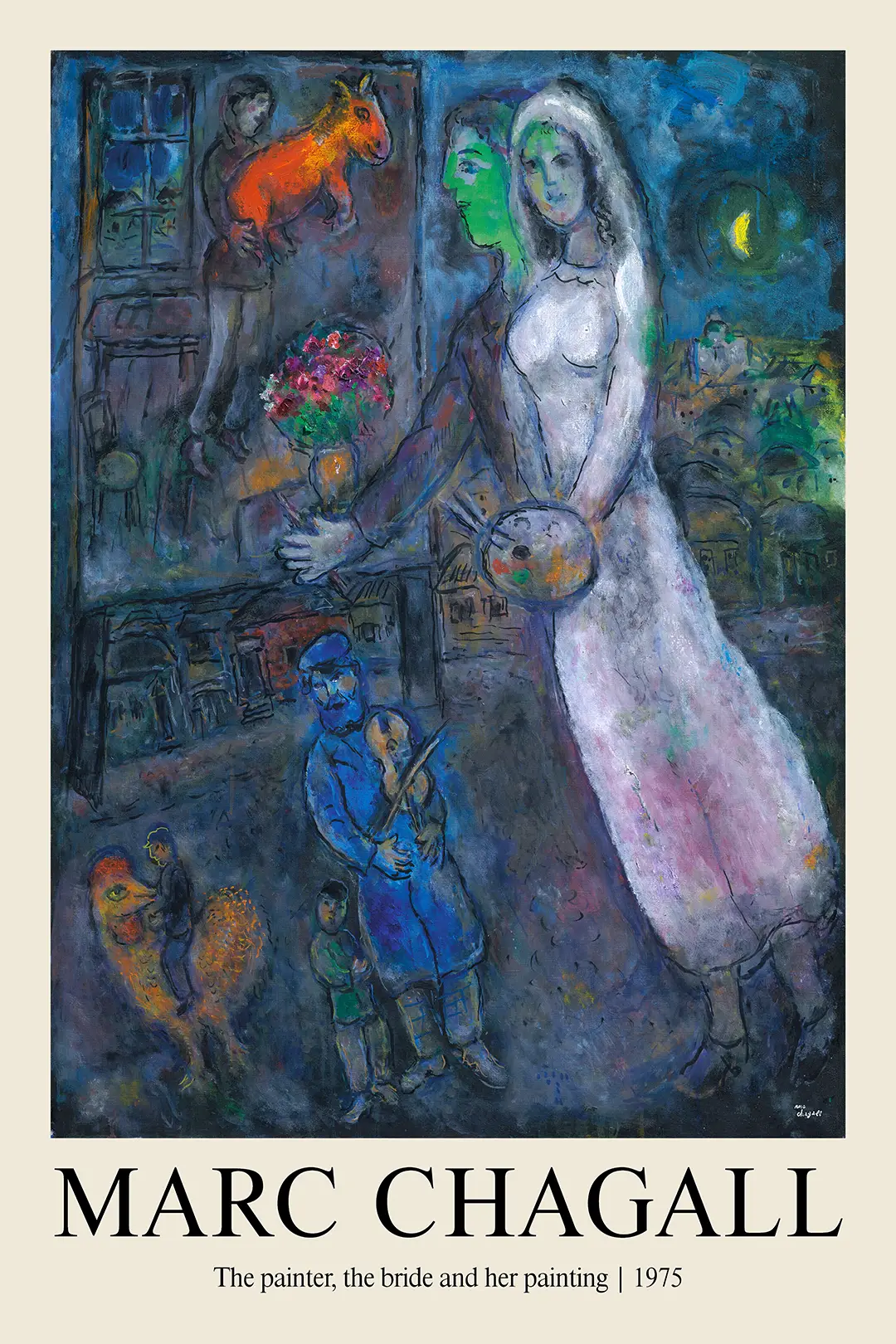 Marc Chagall Art Print - The Painter The Bride And Her Painting 1975 Marc Chagall Art Print Featuring A Bride, A Green-Faced Painter, And An Orange Goat In A Blue Surrealist Village.