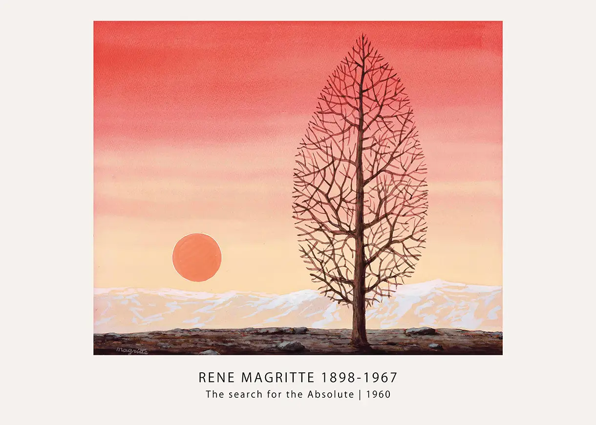 Authentic Rene Magritte Print - Search For The Absolute 1960 Poster Magritte Absolute Poster Showing Two Men In Bowler Hats In A Twilight Scene With A Red Curtain And A Floating Sphere.