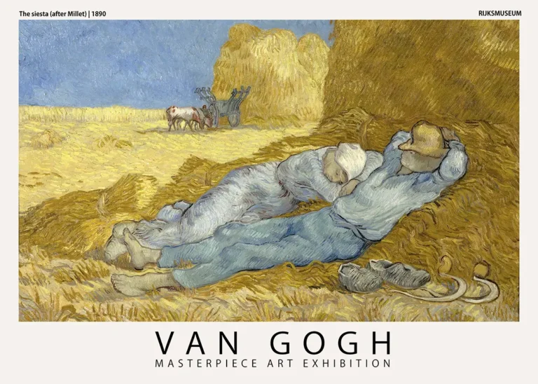 Van Gogh Siesta — this Impressionist exhibition poster depicts two peasants resting in a