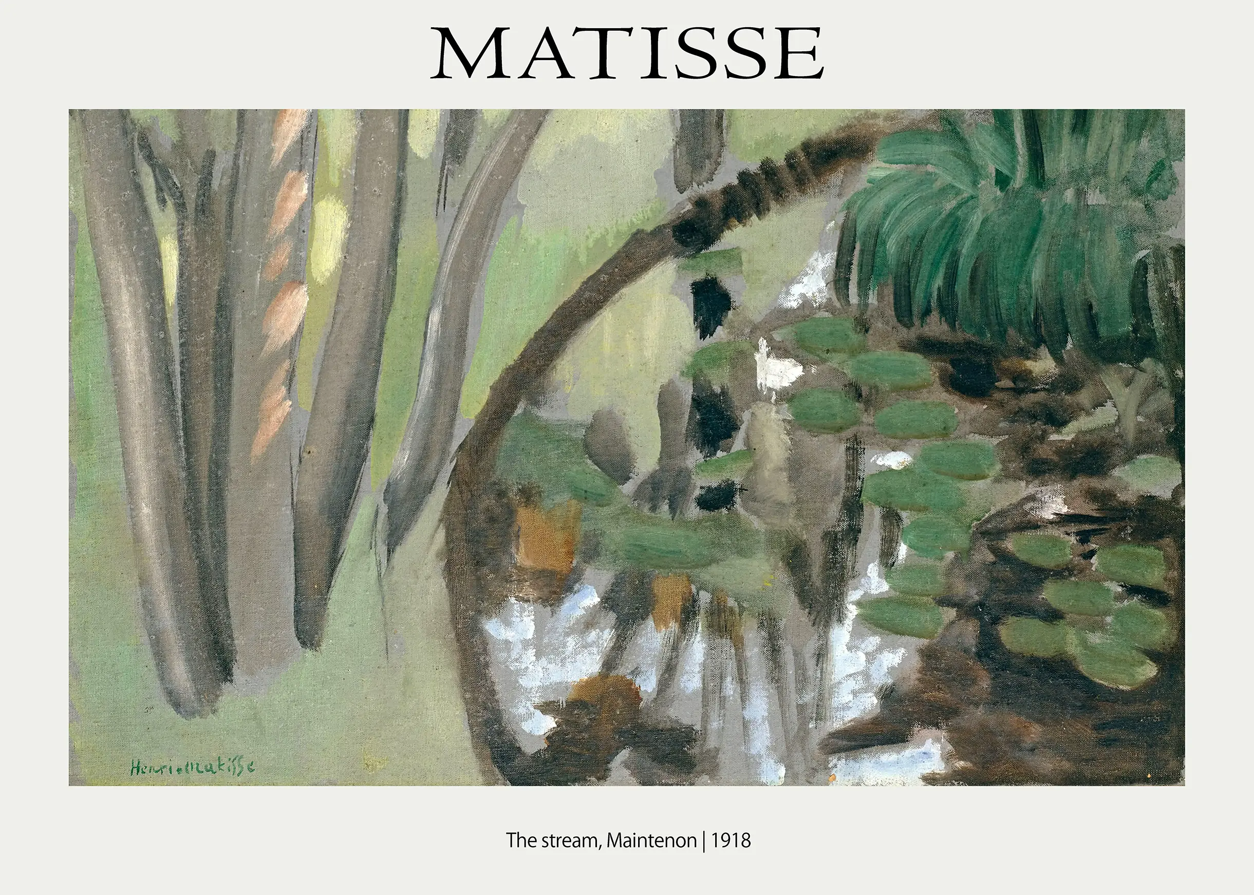 Matisse Stream Print - Authentic 1918 Maintenon French Nature Wall Art Matisse Stream Print Showing 1918 Maintenon Woods With Lily Pads, Grey Tree Trunks, And Soft Green Foliage.
