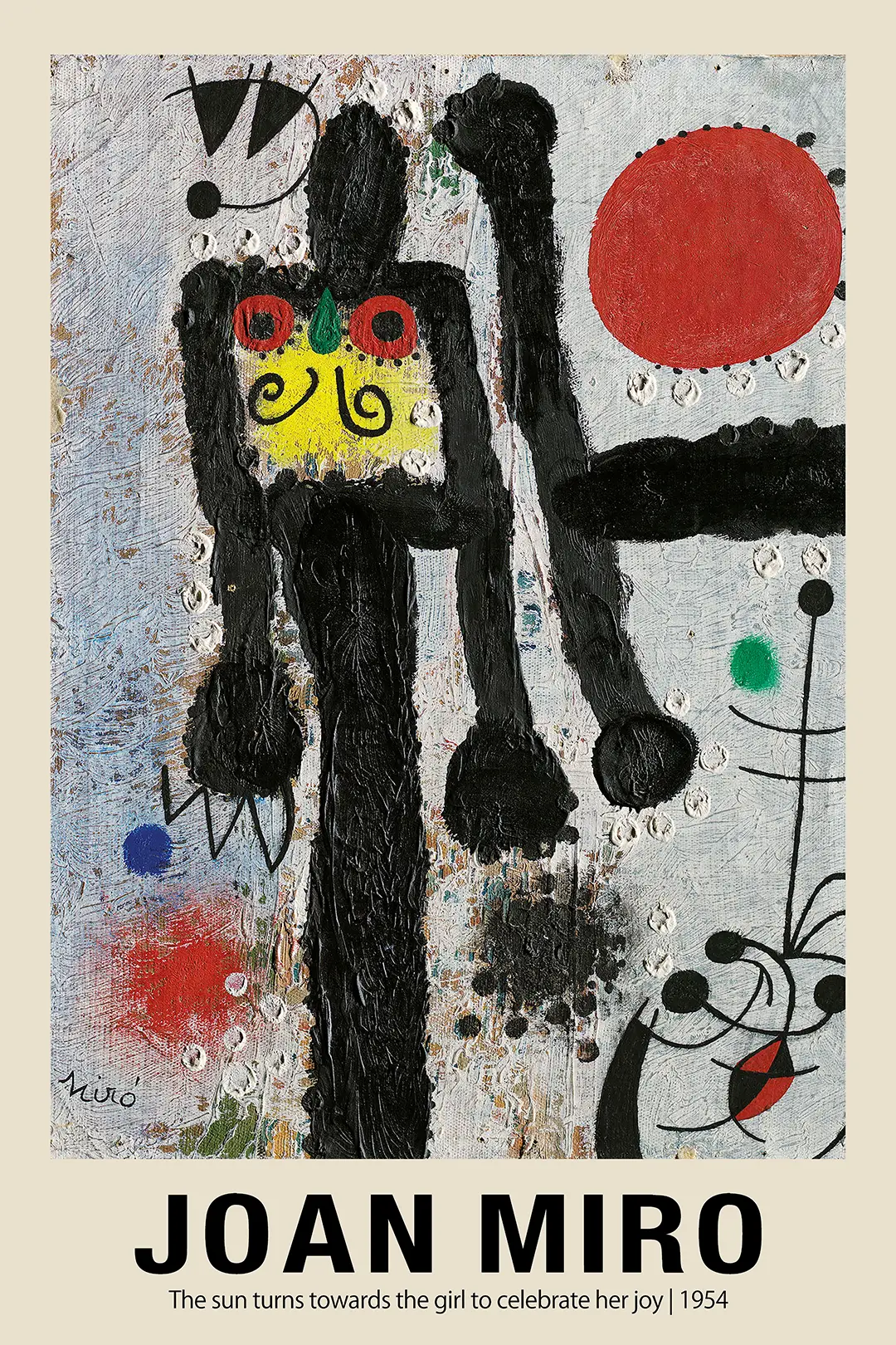 Classic Joan Miro Print - 1954 Abstract Surrealist Sun Canvas Wall Art Joan Miro Print Showing A Black Abstract Figure, A Large Red Sun, And Colorful Geometric Shapes In 1954 Surrealist Style.