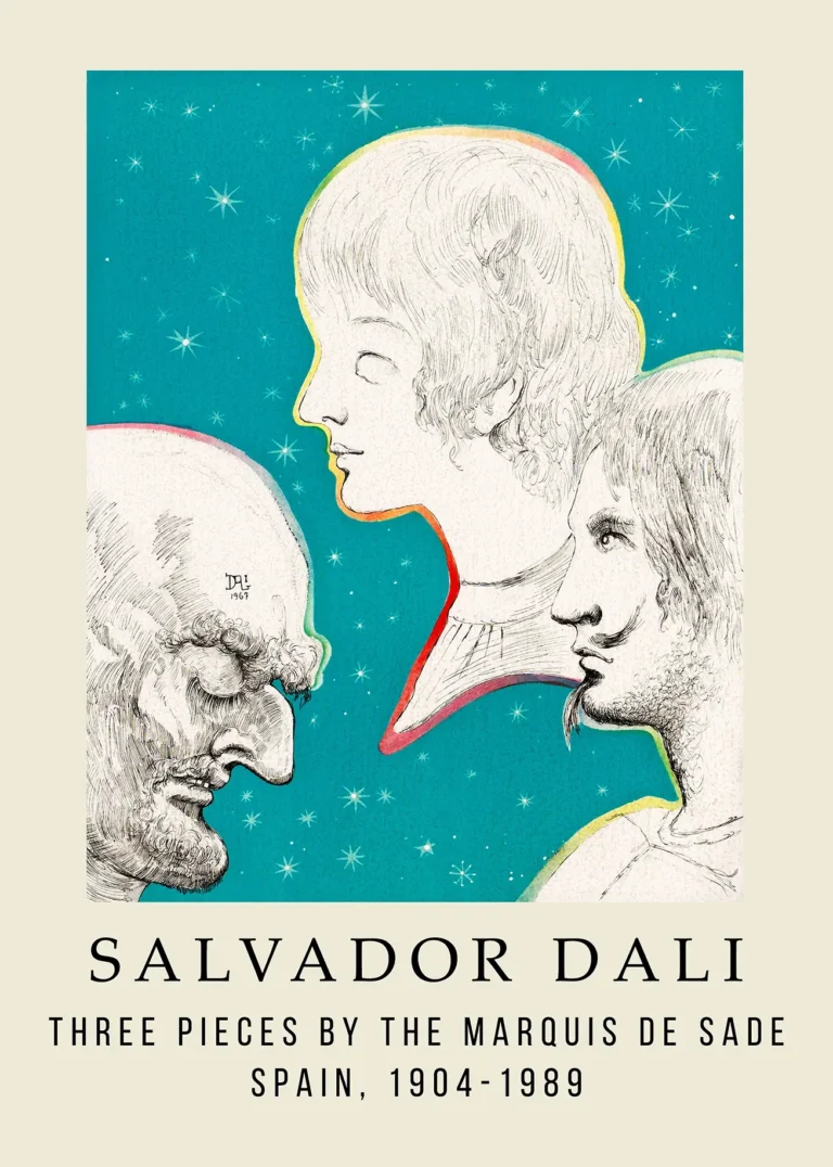 Salvador Dali Three Pieces — this surrealist art print features three detailed profile sketches by