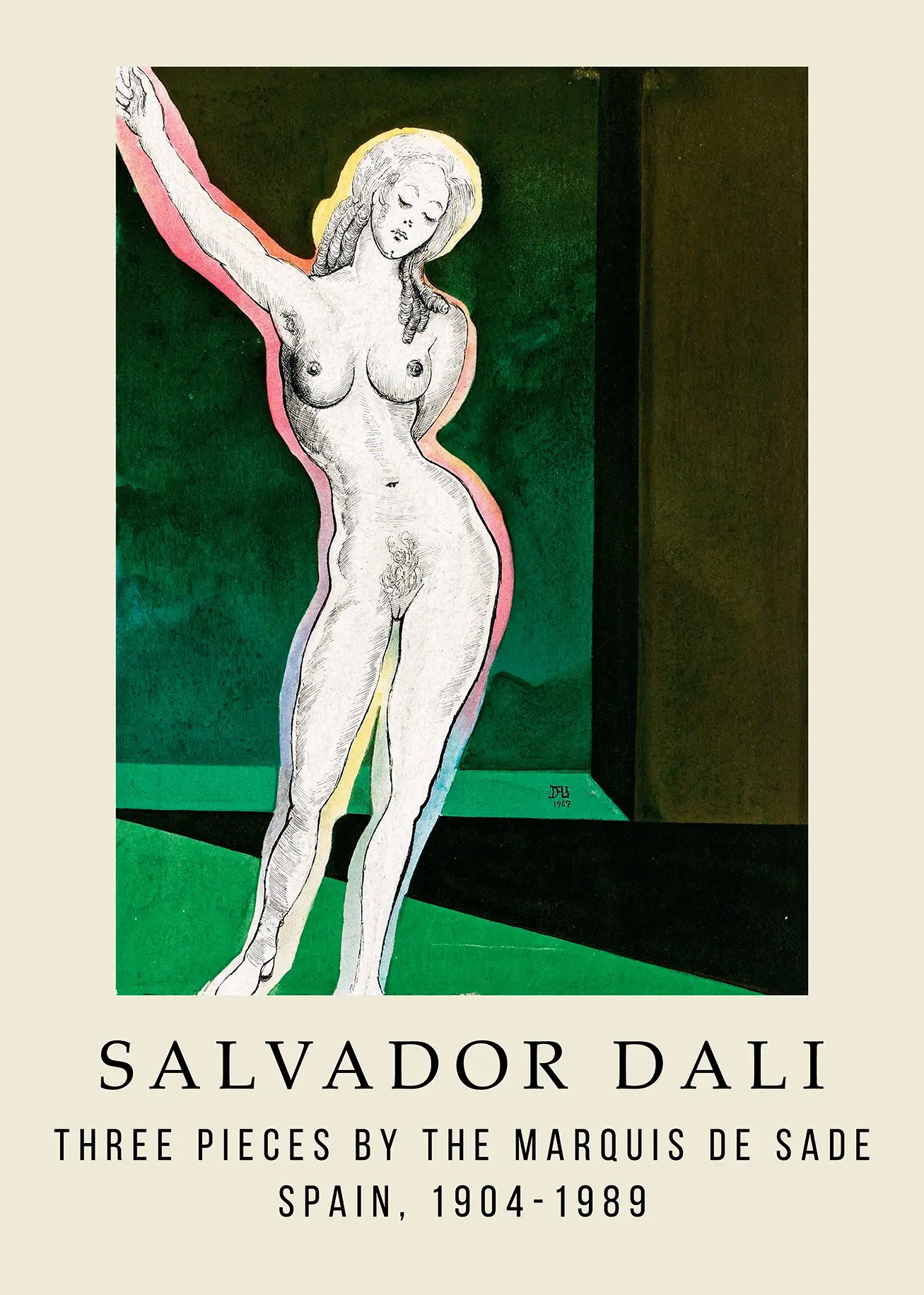 Authentic Salvador Dali Marquis De Sade - Surrealist Fine Art Print Salvador Dali Marquis De Sade Print Showing A Female Nude With A Rainbow Aura On A Deep Green Background.
