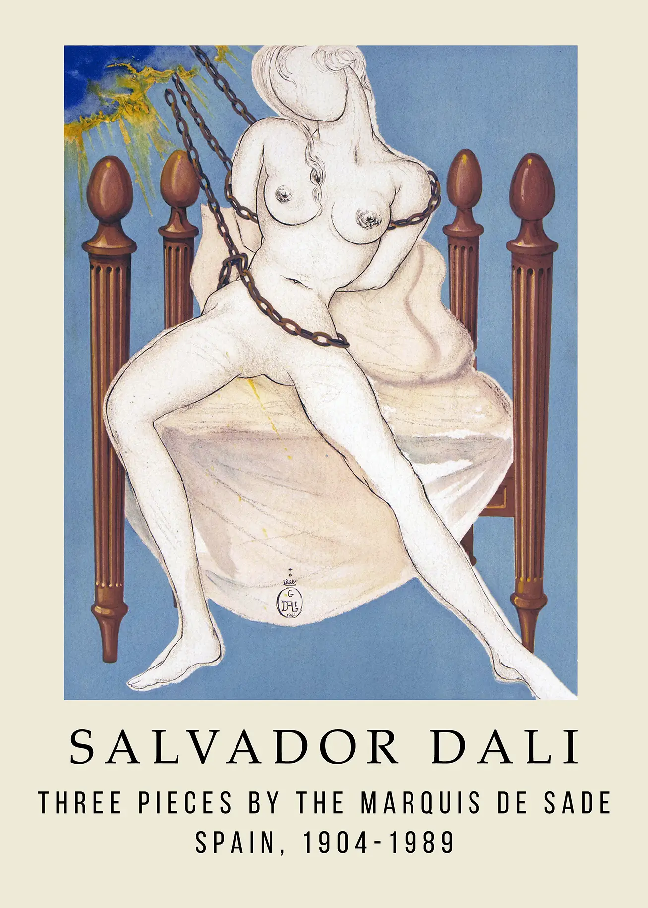 Authentic Salvador Dali Poster - Marquis De Sade Surrealist Art Print Salvador Dali Poster Showing A Chained Nude Figure Sketch On A Bed Frame With Blue Background And Yellow Watercolor Details.