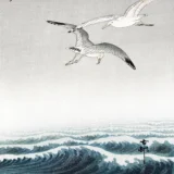 Seagulls Over Waves Japanese Woodblock Art Print by Ohara Koson