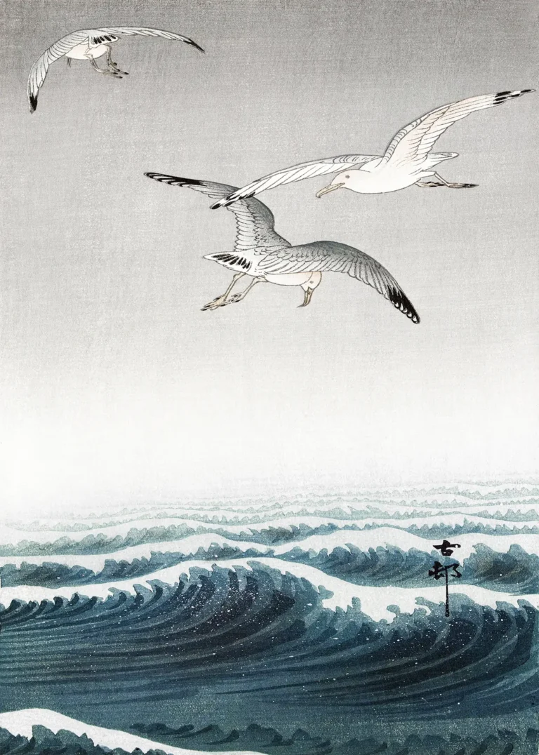 Seagulls Over Waves Woodblock — three white and grey seagulls fly above indigo blue ocean waves in this