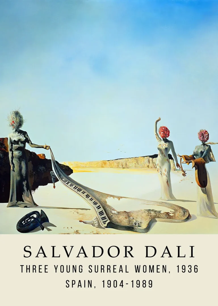 Three Young Surreal Women Salvador Dali — three figures with floral heads stand in a vast desert landscape