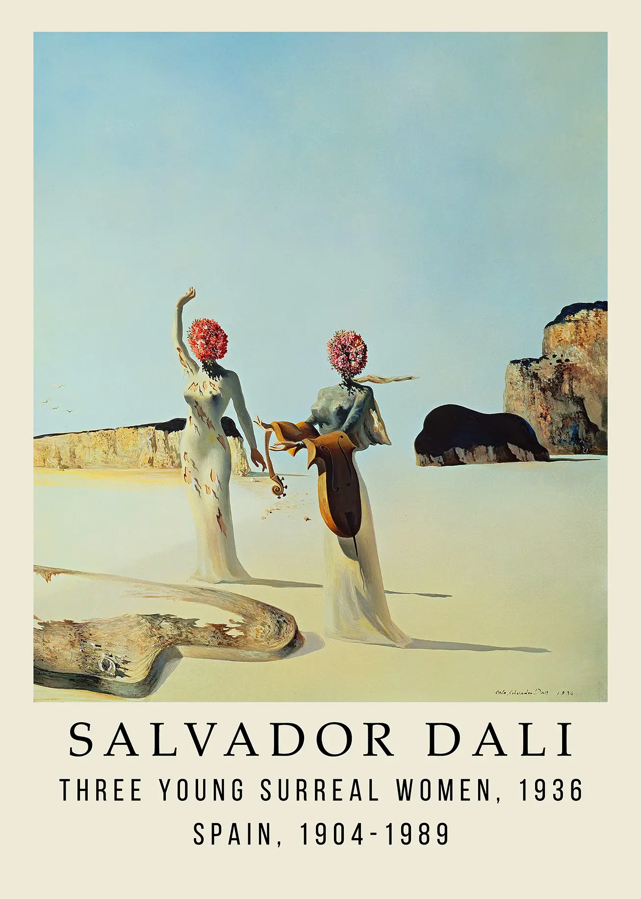 Exclusive Salvador Dali Poster - Three Young Surreal Women 1936 Wall Art Salvador Dali Poster Showing Three Young Surreal Women 1936 With Floral Heads In A Desert Beach Setting.