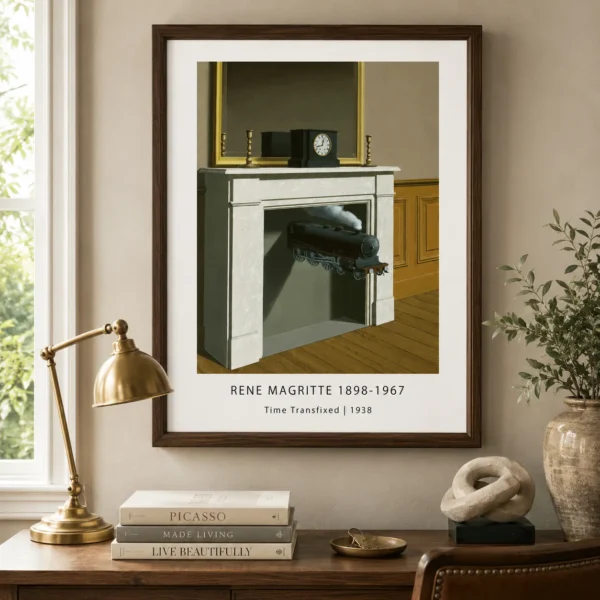 Time Transfixed Print, Magritte Train Fireplace Wall Art Print